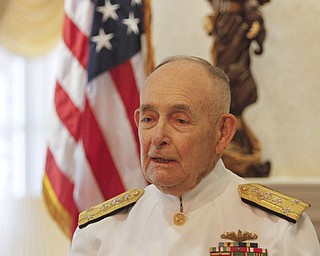Admiral Kenneth Monroe Carr, 88, of Chagrin Falls, tells of his 46-year career in the military to the residents at Windsor House, Liberty.