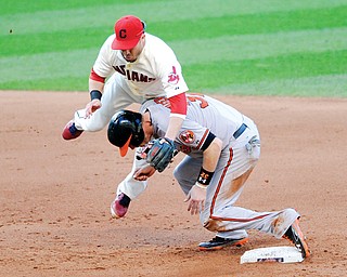 Cleveland Indians second baseman Jason Kipnis, top, collides with Baltimore Orioles’ Matt Wieters while turning a double play in the seventh inning of a game Monday in Cleveland.