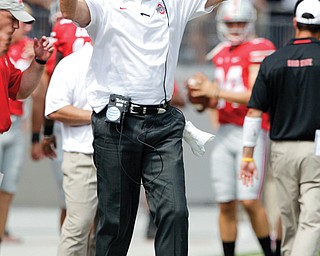Ohio State coach Urban Meyer shouts to his team during the third quarter of a game against Buffalo on Saturday in Columbus.