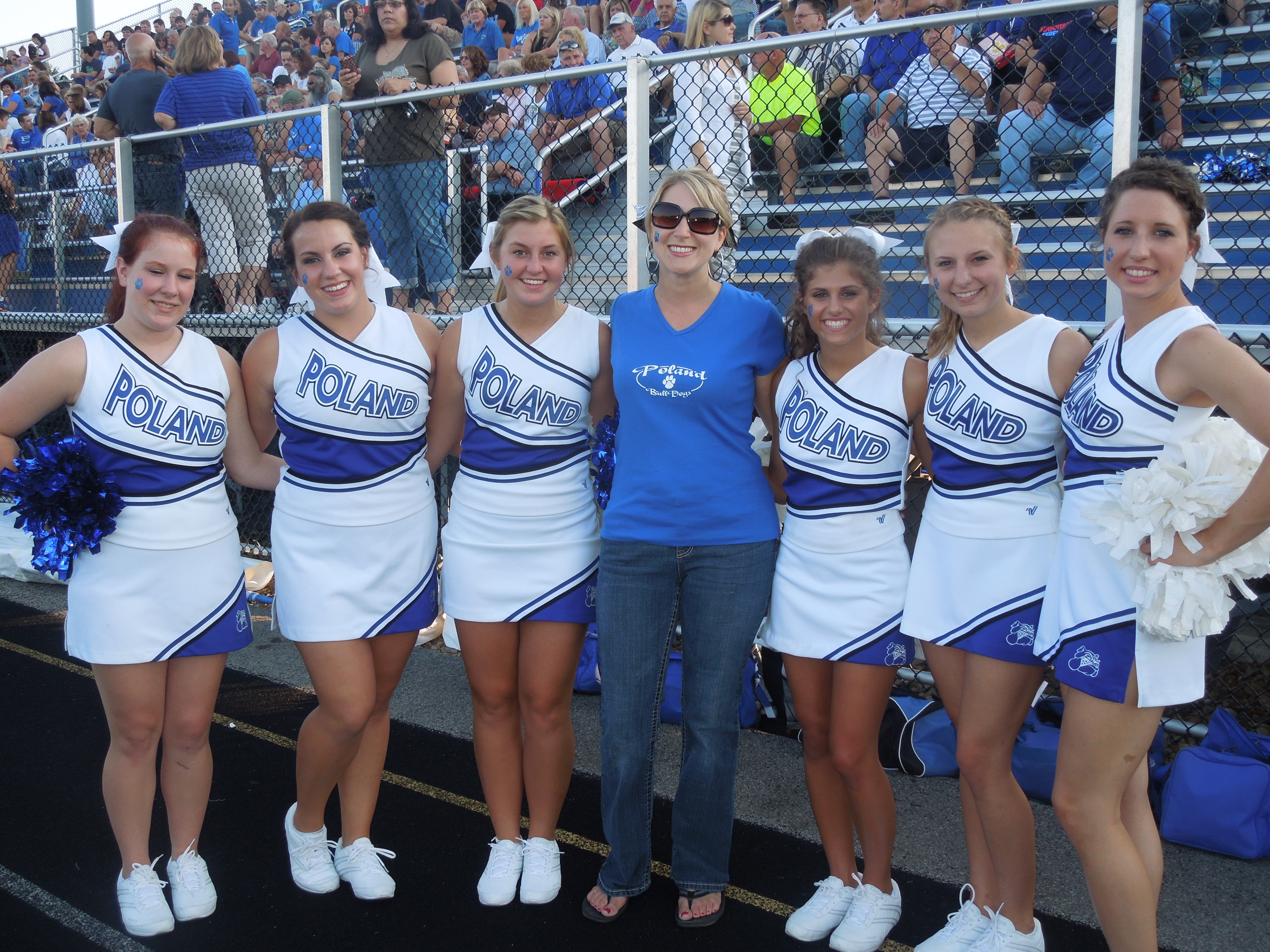 Poland senior cheerleaders Paige, Becca, Emily, Coach Rinehart, Marissa, Jamie and Erica are ready for the 2013 football season.