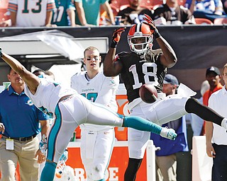 Browns receiver Greg Little drops a pass in front of Dolphins cornerback Brent Grimes during the fourth quarter of their NFL season opener Sunday in Cleveland. The Dolphins dropped the Browns, 23-10.