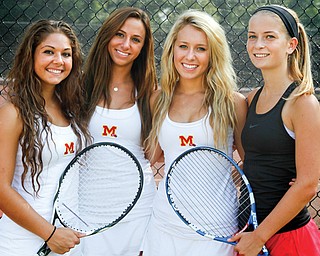 The Cardinal Mooney tennis team, which includes seniors, from left, Dominique Cicchi, Jamie DiDominico, Lexie Kleeh and Kacey Haggarty, remained undefeated (16-0) after a 5-0 decision over Beachwood in Division II Northeast Region quarterfinal play Wednesday on the Bisons’ court.