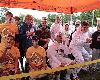  .          ROBERT  K. YOSAY | THE VINDICATOR.reacting to madden Sunny Lipari sr (poland Chase Knoble (senior Poland and Greg Thomas from boardman a senior and Donnie Dempsey far right jr from boardman..Boardman Spartans at Poland Bulldogs Stadium