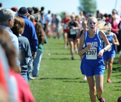 A Poland runner runs down the front straight away during the Girls Division 2 race on Saturday September 14, 2013 at Boardman High School.