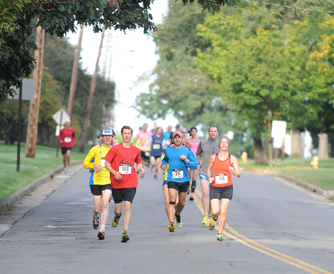 Runners taking part in the half marathon run down McCollum Road early early Sunday morning as part of the Green Cathedral race on September 15, 2013.
