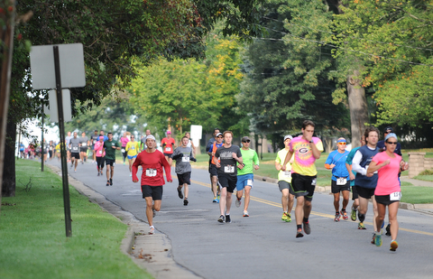 Runners taking part in the half marathon run down McCollum Road early Sunday morning as part of the Green Cathedral race on September 15, 2013.