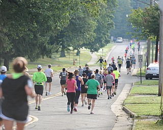 Runners taking part in the half marathon run down McCollum Road early Sunday morning as part of the Green Cathedral race on September 15, 2013.