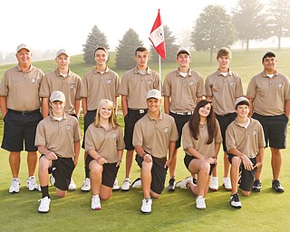 Members of the East Palestine High golf team are (front row from left) Marshall Huddleston, Cassandra Thorton, Andy Ellis, Miranda Velchek and Tom Dumbauld. In the back are Coach Bob Hall, Phil Gerner, Colin Reidy, Drew Wilson, Alec Dumbauld, Ryen Kemp and DJ Bandy.