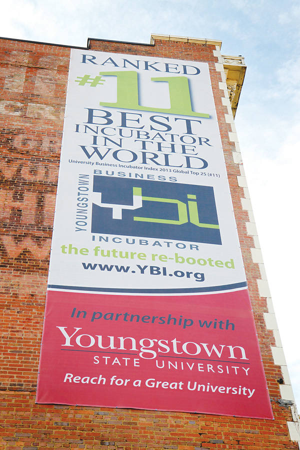 A new sign is visible at the Youngstown Business Incubator on West Federal Street in the city’s downtown. In July, a leading index based in Stockholm ranked YBI 11th- best among the world’s top 150 university-affiliated incubators.