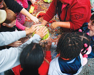 A group of participants wrap as many rubber bands around a watermelon as they can, causing it eventually to explode. The WOWtastic Watermelon Challenge was part of the Silly Science Sunday event on West Federal Street sponsored by the OH WOW! Children’s Center for Science and Technology.