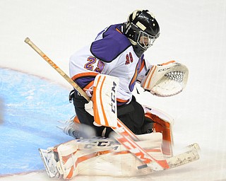 Phantoms goalie #29 Jake Moore blocks a shot on goal from a Green Bay player during the 3rd period of Friday nights game.