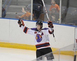 Phantoms #27 Luke Stork celebrates after scoring the Phantoms 2nd goal of the game to tie the score at 2-2 in the 3rd period.