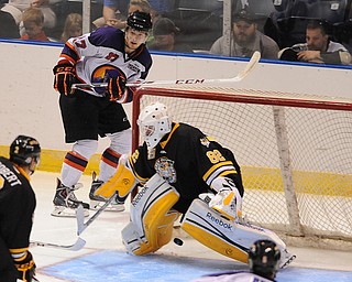 Phantoms #27 Luke Stork watches as the puck gets behind Green Bay goalie #82 Jared Rutledge to score the Phantoms 2nd goal of the game in the 3rd period.