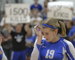 William D Lewis The Vindicator Jax Milton Erica Hughes(19) reacts after scoring her 1,500 career kill during Wed 1--02-13 game with Western Reserve.