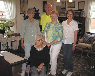 SPECIAL TO THE VINDICATOR
On a recent afternoon six descendants of Charles and Ethel McBride visited the McBride House, Hager St., Hubbard, after visiting the museum’s website. Visiting descendants are, seated, Helen Louise Donner, 95, of Greenville, Pa.; and standing, Beverly Minch, Leon Smith, Winifred Harris and Courtney Craig. They were rewarded with seeing Ethel McBride’s wedding gown (1910) and numerous pictures and memorabilia. For information or to schedule a tour, call Cecilia Cooper at 330-534-4247.