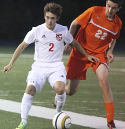 William D. Lewis the Vindicator Canfield'sChristian Hume(2) and Howland's Matt Hardaway(22) battle for the ball during 10 -3 action at Canfield.