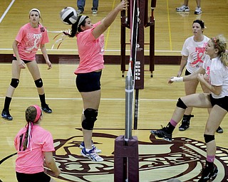 MADELYN P. HASTINGS | THE VINDICATOR..(L-R) Fitch's Maura Bianco (9) misses a spike by Boardman's Amanda Lipke (17) during their game at Boardman High School on Saturday, October 5, 2013. Boardman won three consecutive games. .... - -30-..