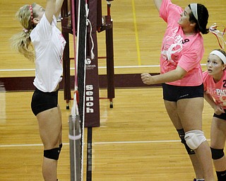 MADELYN P. HASTINGS | THE VINDICATOR..(L-R) Boardman's Amanda Lipke (17) blocks a spike by Fitch's Maura Bianco (9) during their game at Boardman High School on Saturday, October 5, 2013. Boardman won three consecutive games. ... - -30-..