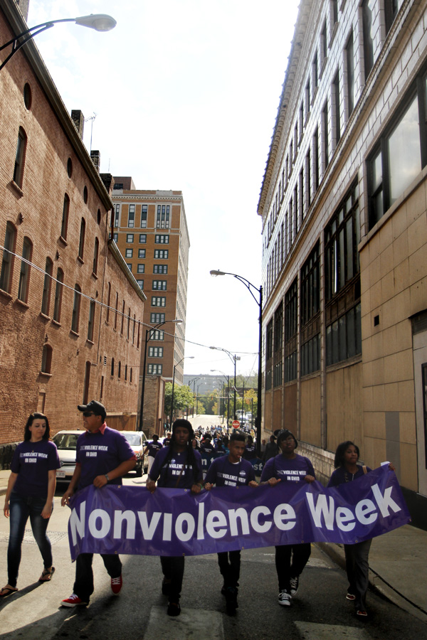 MADELYN P. HASTINGS | THE VINDICATOR..Students of the Sojourner to the Past group led in a parade to kick off nonviolence week in downtown Youngstown on Sunday, October 6, 2013..... - -30-..