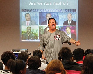 Jeff Steinberg of Sojourn to the Past, a civil-rights education program, speaks to Youngstown Early College students Monday in the Ohio Room in Youngstown State University’s Kilcawley Center as part of Nonviolence Week.
