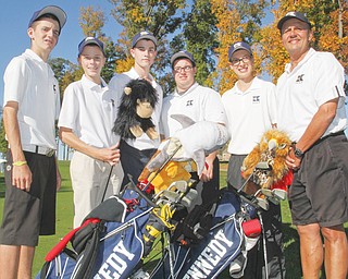 The Warrren JFK golfers, from left, Ryan Fowler, Ryan Theis, Zach Shoaf, Billy Phillips and Dan LaPolla, and their coach Jim St. George will be making their second consecutive trip to the Division III state golf tournament. Play begins Friday at The Ohio State University’s Scarlet Course in Columbus.