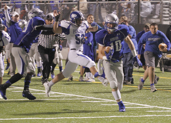  .          ROBERT  K. YOSAY | THE VINDICATOR..Hubbards #10  Tyler Taafe  takes the ball to the end zone early in the first quarter as Hubbbard #19 Isiah Scott pushes Polands #52 Mike Audi  out of bounds .. Poland Bulldogs @ Hubbard Eagles