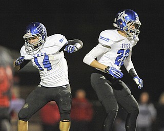 Lakeview receivers #14 Jake Pishotti and #20 Ryan Pishotti celebrate after a Jake Pishotti touchdown reception late in the 2nd quarter.