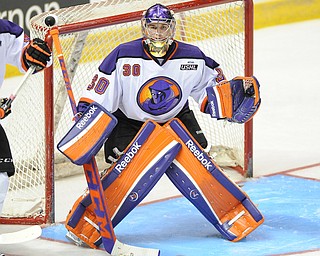 Phantoms goalie #30 Sean Romeo stands in goal ready to play the puck during 3rd period action of a game on Friday October 18, 2013.