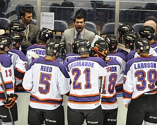 Phantoms head coach Anthony Noreen attempts to motivate his players during a officials time out during 3rd period action of a game on Friday October 18, 2013.