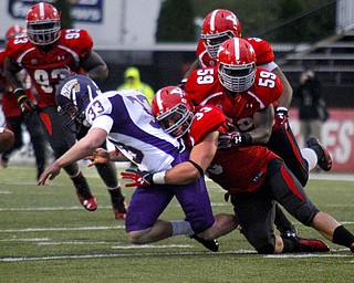 MADELYN P. HASTINGS | THE VINDICATOR..YSU's Terrell Williams (59) and Kyle Sirl (33) tackle Western Illinois' Nathan Knuffman (33) during Youngstown's homecoming game on October 19, 2013.... - -30-..