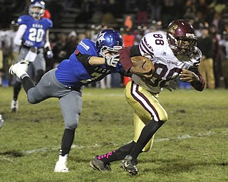 William D Lewis The Vindicator  Liberty's Cameron Clark(88) heads for a 1first qtr TD as Lakeview's  Carmen Romano(7) defends during Friday 10-25-13 action at Lakeview.