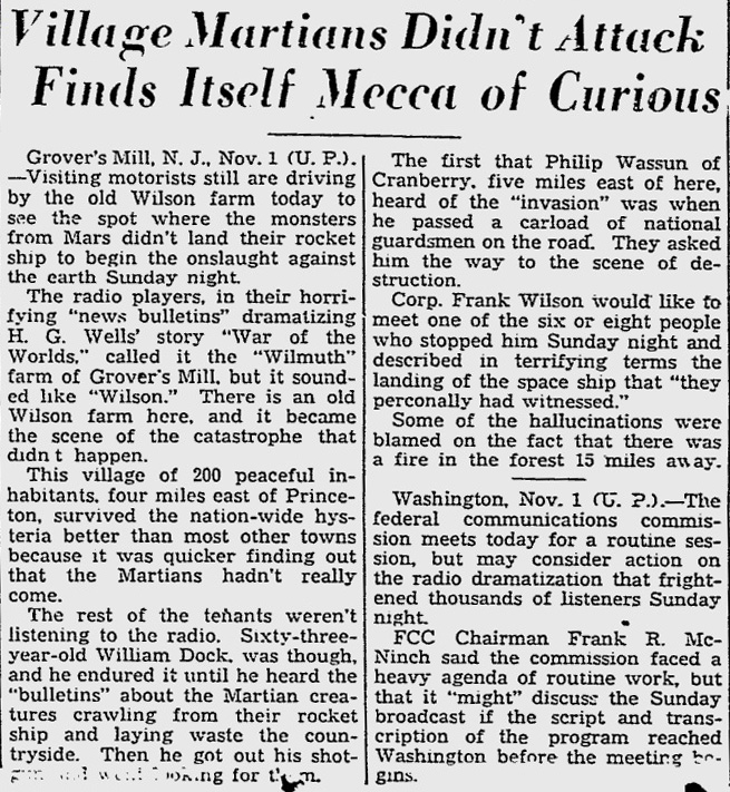 November 1, 1938 - Youngstown Vindicator | Article about the location where monsters from Mars landed, according to the radio broadcast of War of the Worlds.