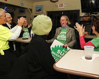 MADELYN P. HASTINGS I THE VINDICATOR..Susie Beiersdorfer makes an announcement to her supporters during their election party at the B&O Lounge on November 5, 2013.
