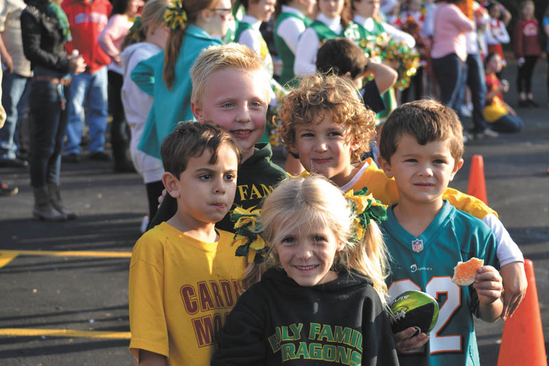 SPECIAL TO THE VINDICATOR
Students and their families from Holy Family School in Poland recently attended a tailgating party in the school parking lot. They had pizza, hot dogs and cookies. Some who participated are, in front, Abigail Markey, kindergarten; and in back, from left, Brady Desmond, pre-K; Jackson Ensley, Marcos Mateo and Kelley Memo, all in kindergarten. 
