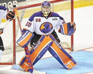 Youngstown Phantoms goalie Sean Romeo stands ready to defend the goal during a recent United States Hockey League game against the Indiana Ice at the Covelli Centre in Youngstown. The Phantoms face the Fargo Force this weekend at the Covelli, but rookie Colin DeAugustine is expected to be in goal as Romeo is recovering from a leg injury suffered last Friday against Sioux Falls.