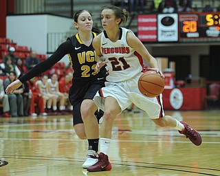 Youngstown State #21 Liz Hornberger dribbles the basketball to the inside of VCU #23Jessica Pellechio during the first half of Saturday afternoons game.