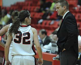 Youngstown State head coach John Barnes talks to Jenna Hirsch during a YSU free throw attempt during the first half of Saturday afternoons game.