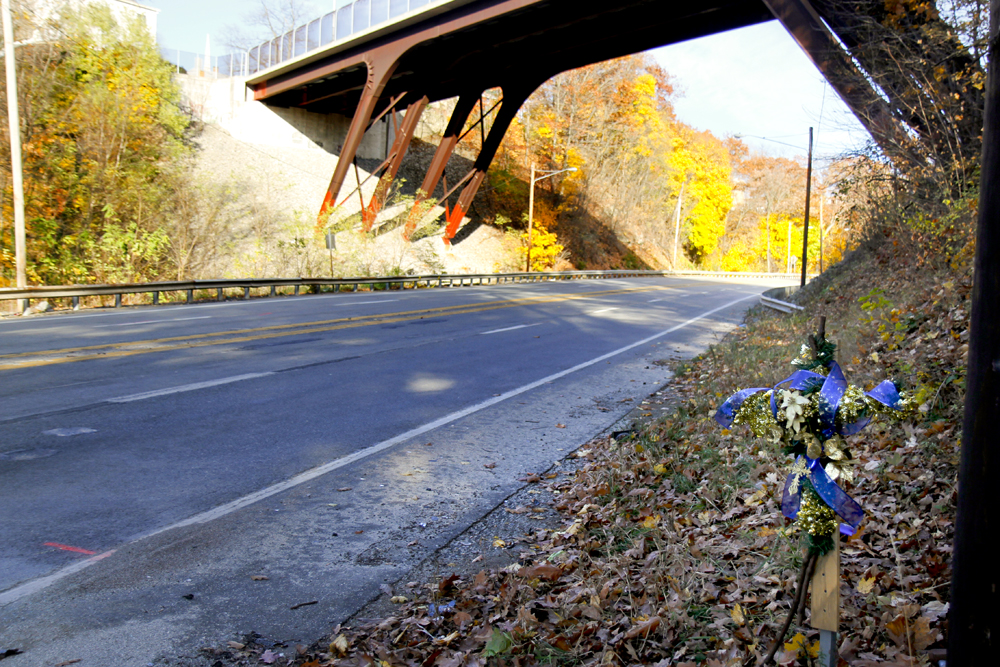 MADELYN P. HASTINGS | THE VINDICATOR..A decorated cross was placed at the site of a two vehicle car accident along Connelly Blvd. near the intersection of Route 62. The accident caused three deaths with four others injured at around 10:00 p.m. on Friday, November 10, 2013.  ... - -30-..