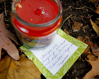 MADELYN P. HASTINGS | THE VINDICATOR..A candle and note that reads "Thoughts and prayers for all loved ones taken too soon" placed at the site of a two vehicle car accident along Connelly Blvd. near the intersection of Route 62. The accident caused three deaths with four others injured at around 10:00 p.m. on Friday, November 10, 2013. ... - -30-..