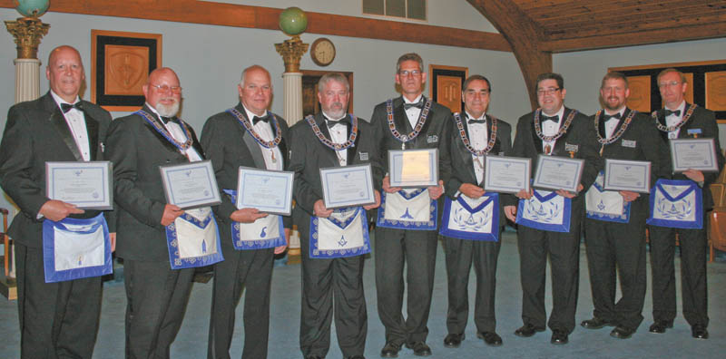 SPECIAL TO THE VINDICATOR
At a recent Argus Lodge meeting in Canfield, 10 officers received diplomas and certificates of completion for the Masonic Code Course and Masonic Officers Manual Course. Recipients are, from left, Denny Furman, Dale Hawkins, Eric Cahalin, Charles Prachick, Mark Roca, Russell Gillam Jr., Christopher Gillam, Ryan Hamilton and Russell Gillam III. Recipient Patrick Anderson was absent.