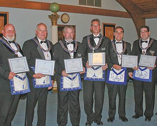 SPECIAL TO THE VINDICATOR
At a recent Argus Lodge meeting in Canfield, 10 officers received diplomas and certificates of completion for the Masonic Code Course and Masonic Officers Manual Course. Recipients are, from left, Denny Furman, Dale Hawkins, Eric Cahalin, Charles Prachick, Mark Roca, Russell Gillam Jr., Christopher Gillam, Ryan Hamilton and Russell Gillam III. Recipient Patrick Anderson was absent.