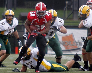 MADELYN P. HASTINGS | THE VINDICATOR..YSU's Martin Ruiz (29) attempts to runw ith the ball while NDSU's Esley Thorton (9) and Nate Tanguay (63) try to hold him back during their game at Stambaugh Stadium on November 16, 2013. The Penguins lost to Bisons 17-35.... - -30-..