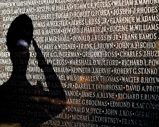 A shadow of a salute in memory of a loved one on the Vietnam War memorial in downtown Youngstown during the 22nd annual Laying of the Roses ceremony.