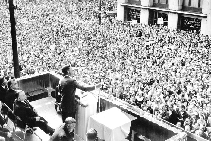 Senator John F. Kennedy speaks in Youngstown's Central Square on Sunday, October 9, 1960, during the presidential race. 