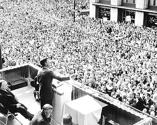 Senator John F. Kennedy speaks in Youngstown's Central Square on Sunday, October 9, 1960, during the presidential race. 