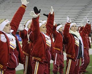 The Cardinal Mooney cheerleading squad leads the crowd in the chanting of Mooney's Alma Mater in the closing minutes of the fourth quarter of the Division four Semi-Finals against Steubenville at Fawcett Stadium in Canton on Friday.  The Cardinal's beat Steubenville 37-7 and move on to play Clarksville Clinton-Massie for the Division four State Championship. Dustin Livesay  |  The Vindicator  11/29/30  Fawcett Stadium, Canton Ohio.