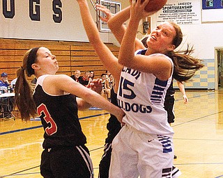 Lakeview’s Alli Pavlik makes a layup to reach her 1,000th career point as Struthers’ Caitlin Kane tries to block during Monday’s game in Cortland. Pavlik posted 24 points for the Bulldogs, who downed the Wildcats, 69-56.