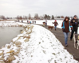 Owners and their dogs start on the trail Sunday during the MetroMutts Jingle Hike at the Mill Creek MetroParks Farm in Canfield.
