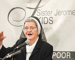 Sister Jerome Corcoran introduces Sister Jerome’s Kids — Mission College during a press conference Tuesday in Tyler Mahoning Valley Historical Center in downtown Youngstown.