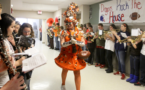 William D. Lewis The Vindicator The Bone Lady, super Browns fan Debra Darnall of Lakewood makes a grand entrance at Niles Middle School 12-18-13. She was there to speak to students and be taped for an upcoming ESPN feature.